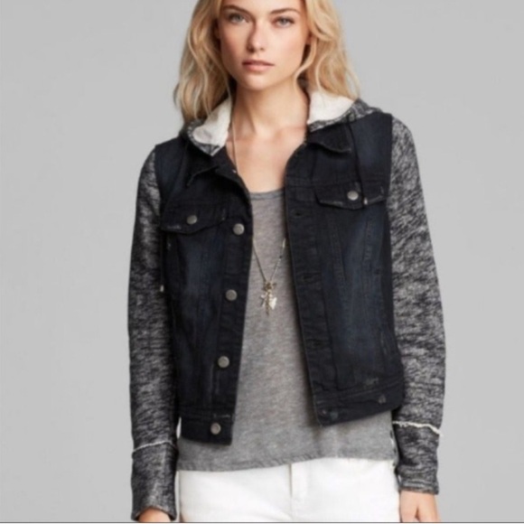 Free People Black Denim Jacket with Gray Knit Sleeves - Picture 3 of 3